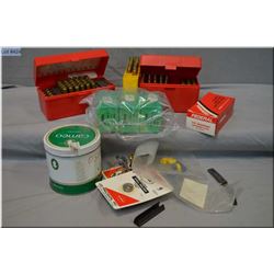 Tray Lot : 3 boxes .30 cal bullets - box .357 unprimed brass - stripper clips - can of bullets  ? - 