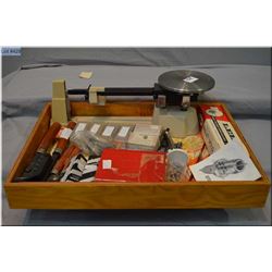 Wooden Tray Lot : OHAUS Triple Beam scale - Bonanza 222 Rem Bench dies - reloading accessories, smal