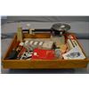 Image 1 : Wooden Tray Lot : OHAUS Triple Beam scale - Bonanza 222 Rem Bench dies - reloading accessories, smal