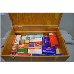 Hand Made Wooden Box : full of Various rifle & pistol primers, musket caps,