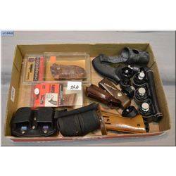 Tray Lot : Approx 5 Sets of PIstol Grips - various speed loaders - Small Leather Man Tool in case