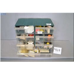 Green Plastic Counter Top Storage Cabinet/ Box w/ contents ; rings, bases, mounts, etc.