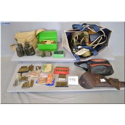 Lot of Two : Box & Bag Lot : assd brass, cleaning kit, bullets, old holster, 8 x 30 Military binocul