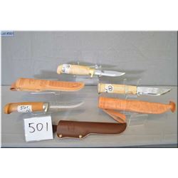 Lot of Three New J.Marttiini  Hunting Knives w/wooden handles & leather sheaths