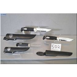 Lot of Three New Marttiini Hunting Knives [ small, medium, large, 2 with leather sheaths, one w/ pla