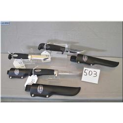 Lot ot Three New Marttiini Hunting Knives [ 2 medium, 1 small, all with leather sheaths ]