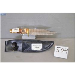 Damascus Bowie Knife w/ stag & wood handle, w/ leather sheath