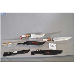 Lot of Three New Hunting Knives : Columbia Jin Lang USA Saber w/web sheath - T.M. w/nylon sheath - S