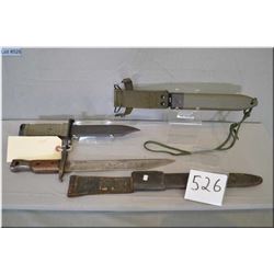 Lot : 2 Bayonets : Ross w/scabbard & leather frog - Military w/composite handle & scabbard  w/green 