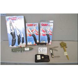 Bag Lot : 5 Camp USA Folding Knives w/pkgs - Brass Charles Dickens letter opener, Coate Tool Corp Le