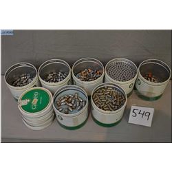 Box : 7 Tobbaco Cans ; lead bullets various calibers including : .32, .357 Mag, .44 etc.