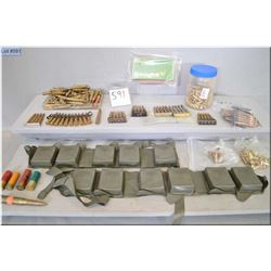 Tray Lot : Asstd Military ammo - some in belts & clips, asstd collector ammo, jar full of .9 MM ammo