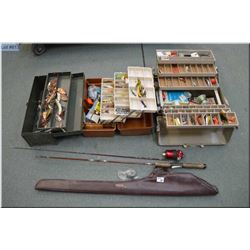 Lot : Four Items : Three various tackle boxes w/contents, hooks, leaders, etc plus fishing rod in ca