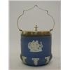 Image 1 : A WEDGWOOD DARK BLUE JASPER DIP CRACKER JAR, classical subjects, E.P mount, height 24cm  30-40...
