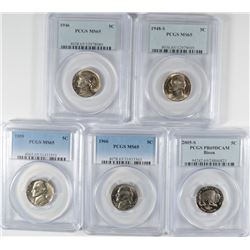 (5) PCGS SLABBED JEFFERSON NICKELS (46, 48-S, 59, 66, 05-S BISON)