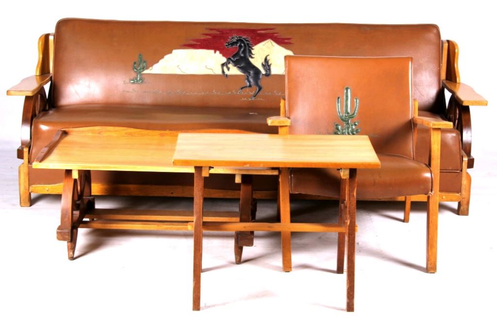 Southwestern Wagon Wheel Vinyl Couch Tables Set