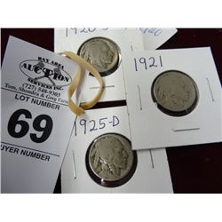 3 Indian Head Nickels 1920-S, 1921, 1925-D - 3 Times the Money