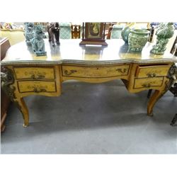 Ornate Cast Metal Accent Hand Stenciled Desk w/Marble Top Chest of Drawers