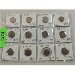 LOT 12 ASSORTED WHEAT PENNIES