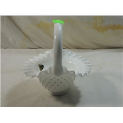 FENTON MILK GLASS BASKET RUFFLED HOBNAIL