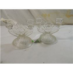 PAIR DEPRESSION GLASS IRIS DOUBLE CANDLESTICK