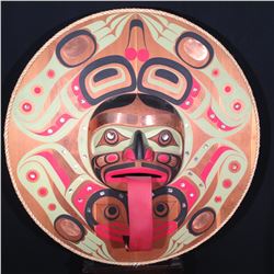 JAY BRABANT (B.1970) FROG MOON MASK WITH COPPER AND ABALONE INLAY, 56" DIAMETER