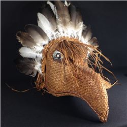 WOVEN CEDAR, EAGLE MASK WITH FEATHERS 13" DEEP X 16"  HIGH (TO TOP OF FEATHERS)