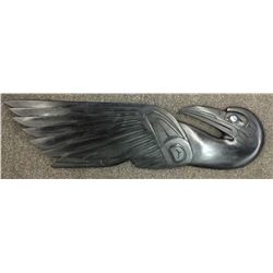 CRAIG VOISIN, HAND CARVED AND PAINTED "RAVEN" PANEL, WITH ABALONE INLAY 36" HIGH X 9" WIDE