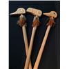 Image 2 : LOT OF 3 HAND CARVED WALKING STICKS, WITH ABALONE INLAY AND FEATHERS