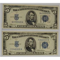 2- NICE 1934 $5.00 SILVER CERTS