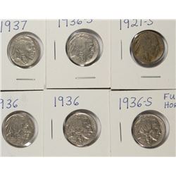 6-BUFFALO NICKELS (1921-S, 2-1936, 2-1936-S, 1937)