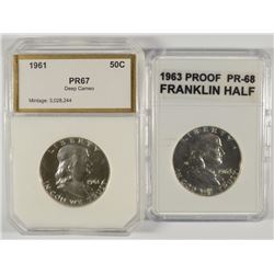 1961 & 1963 SILVER PROOF FRANKLIN HALF DOLLARS SLABBED