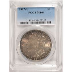 1887-S MORGAN SILVER DOLLAR, PCGS MS-64 COLOR! SEMI-KEY!