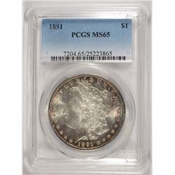 1891 MORGAN SILVER DOLLAR, PCGS MS-65 GEM SUPER RARE! BLAST WHITE WITH RIM COLOR