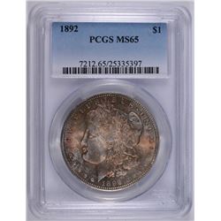 1892 MORGAN SILVER DOLLAR, PCGS MS-65 COLOR OBVERSE, WHITE REVERSE, RARE DATE!