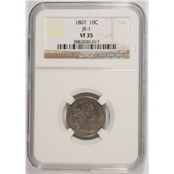 1807 BUST DIME NGC VF-XF 35, NICE WHITE COIN, RARE TYPE!