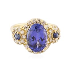 14KT Yellow Gold 4.01 ctw Tanzanite, Sapphire and Diamond Ring