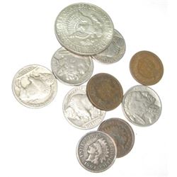 10 TOTAL U.S. COINS INCLUDES SILVER KENNEDY HALF DOLLAR/INDIAN HEAD CENTS & BUFFALO NICKELS!!