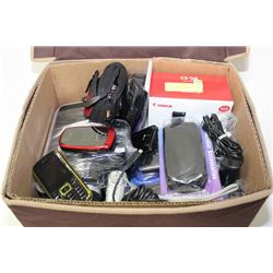 BOX WITH 4 CELL PHONES, 3 DIGITAL CAMERAS,