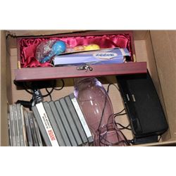 BOX W/ WINE GIFT BOX, CDS, DVDS, AND MISC.