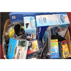 BOX OF ASSORTED TOOLS INCLUDES HAND WET DRY VACUUM