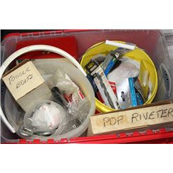 BOX OF ASSORTED TOOLS INCLUDES POP RIVETER, NEW