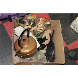 BOX OFESTATE DECORATIONS INCLUDING COPPER KETTLE