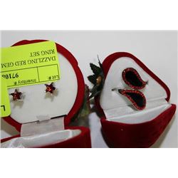 DAZZLING RED GEM EARINGS AND RING SET