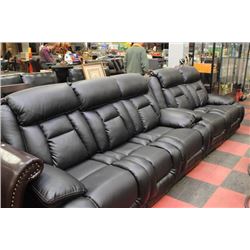BLACK RECLINING W WHITE STITCHING LEATHER COUCH