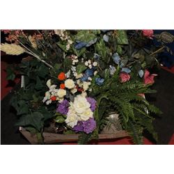 BOX OF VASES/PLANTERS WITH SILK PLANTS AND GREENS