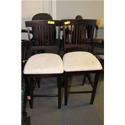 PAIR OF WOOD AND FABRIC BAR HEIGHT SIDECHAIRS