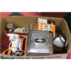 BOX W/ MISC.;NEW CANISTER SET & NEW KITCHEN PLATES