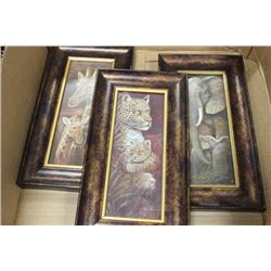 BOX WITH SET OF 3 WOOD FRAMED AFRICAN WILDLIFE