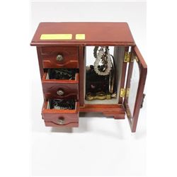 BROWN WOOD JEWELLERY BOX WITH CONTENTS